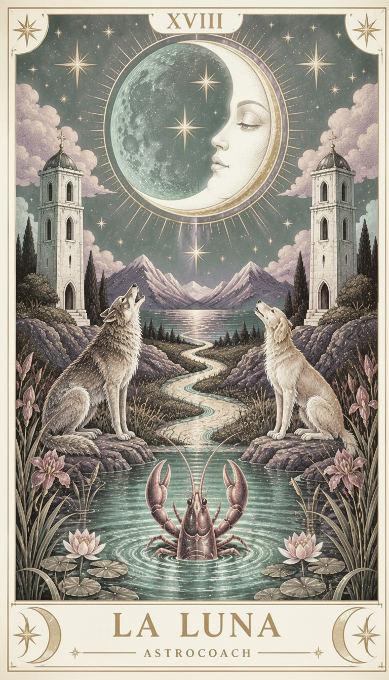 Ilustración original generada de La Luna: apertura circular y capas de papel azul y verde.