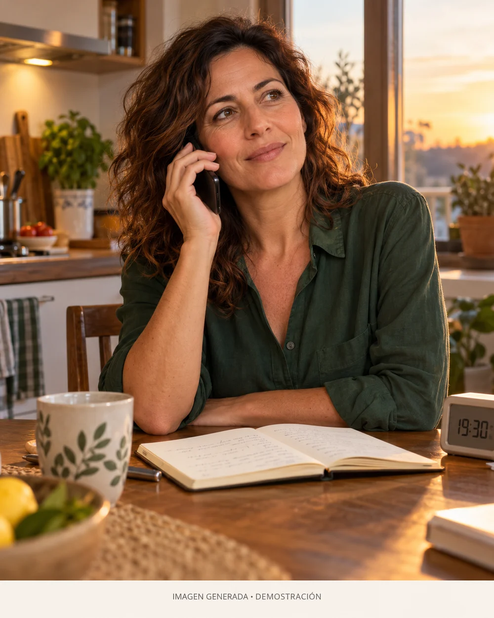 Escena generada: una suscriptora mantiene una conversación telefónica en su cocina a las 19:30; no representa a una coach real.