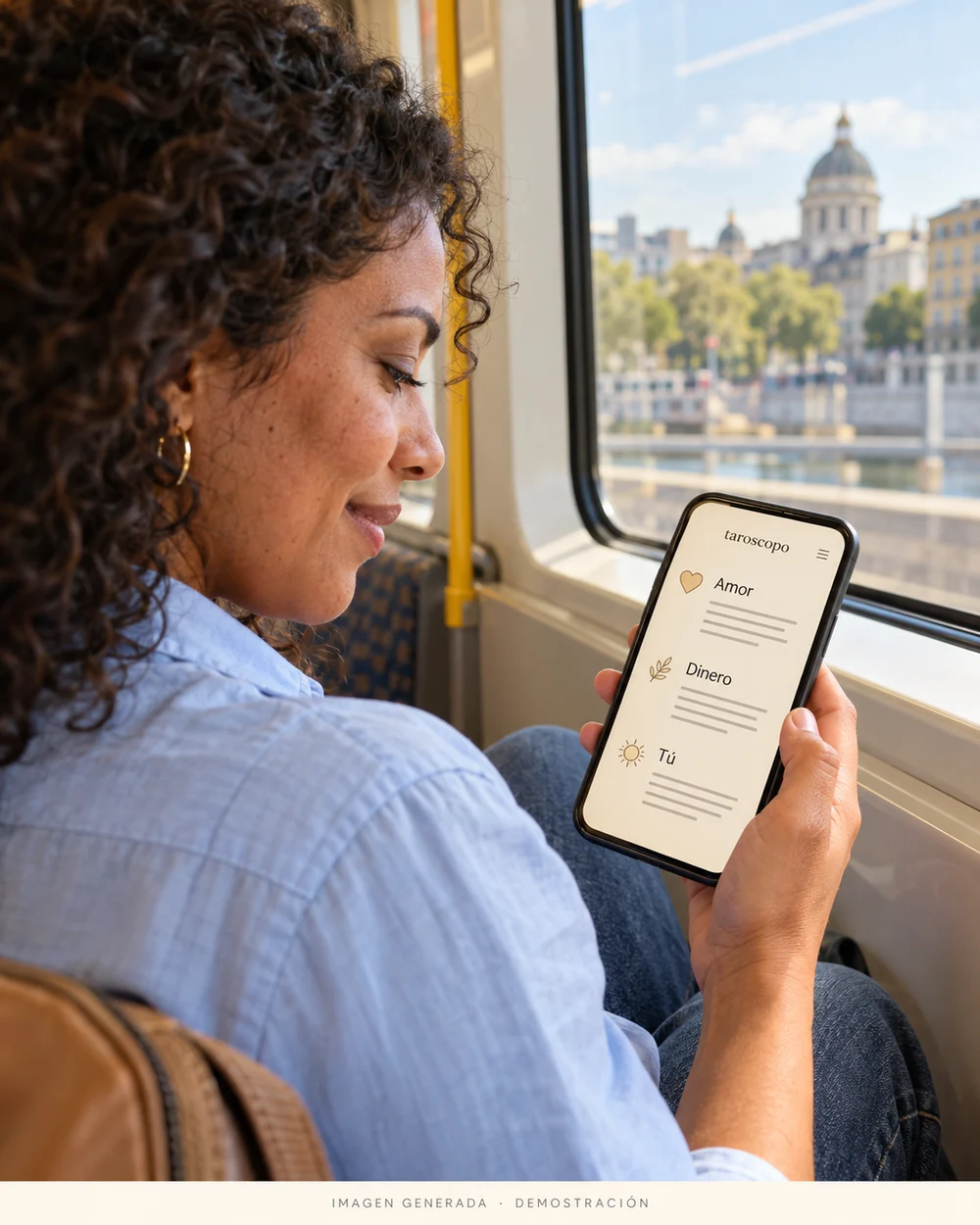 Escena generada: una mujer lee Taroscopo en su teléfono durante un trayecto en metro.